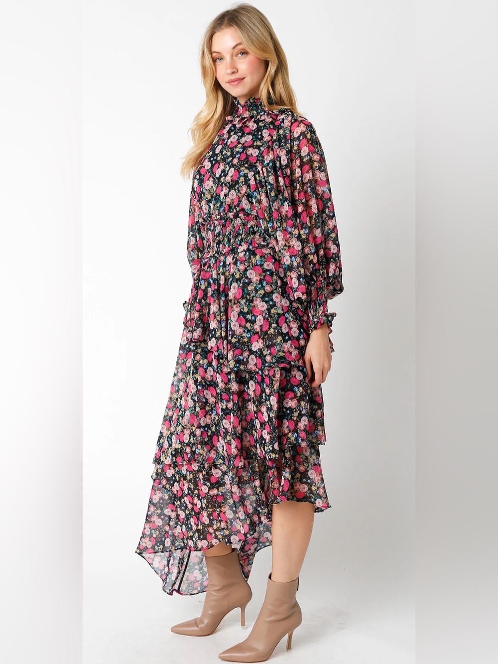 Black/Pink Floral Asymmetrical Dress - Picture 2 of 4